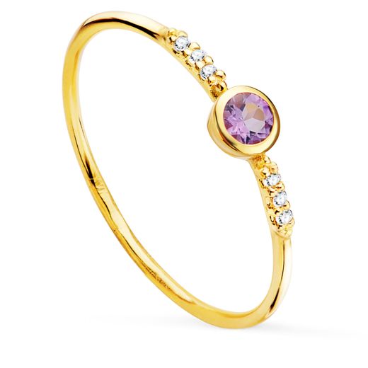 18K Sortija Oro Amarillo 6 Diamantes 0,030 Qts. G-Vs2. Amatista 3 Mm