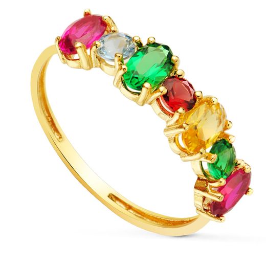 18K Sortija Oro Amarillo 7 Circonita De Colores En Garras Talla Oval Y Redonda