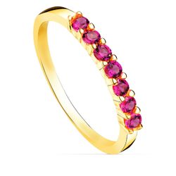 18K Sortija Oro Amarillo 7 Circonita Rojas Garras Ancho Cuerpo 2 Mm