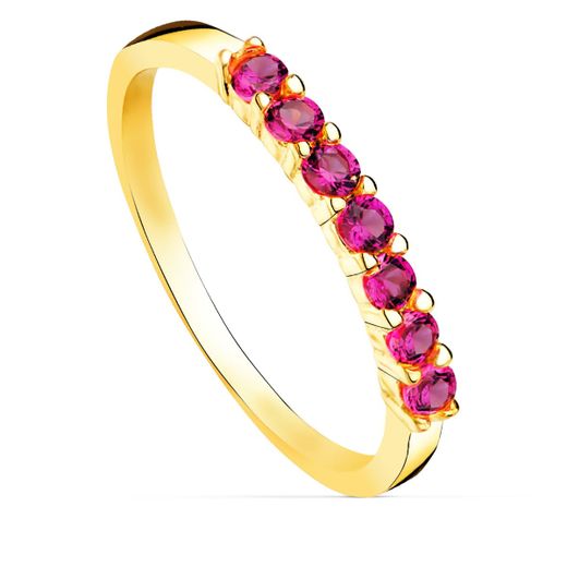 18K Sortija Oro Amarillo 7 Circonita Rojas Garras Ancho Cuerpo 2 Mm