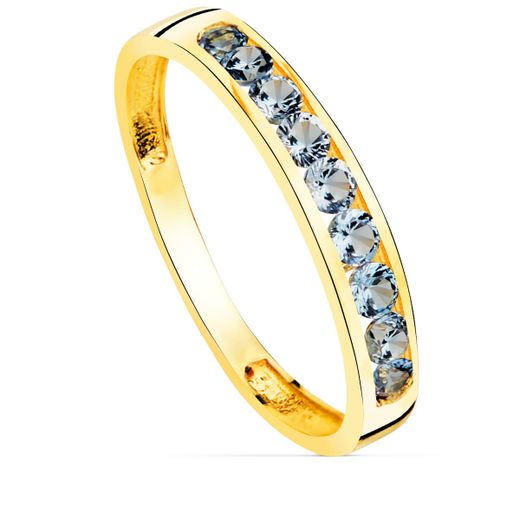 18K Sortija Oro Amarillo 9 Circonita Aguamarina. Ancho Cuerpo 3.5 Mm