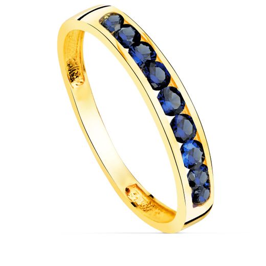18K Sortija Oro Amarillo 9 Circonita Azules. Ancho Cuerpo 3.5 Mm