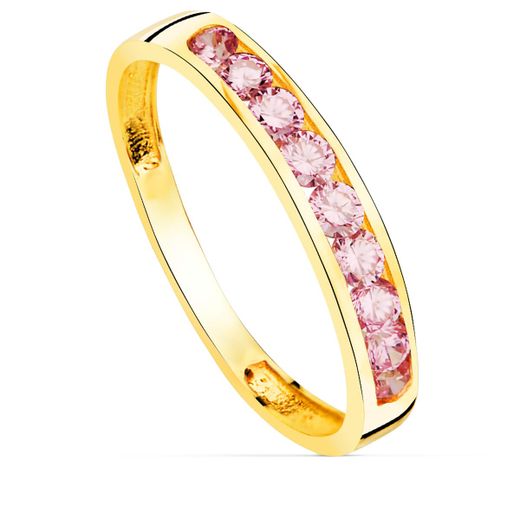 18K Sortija Oro Amarillo 9 Circonita Rosas. Ancho Cuerpo 3.5 Mm