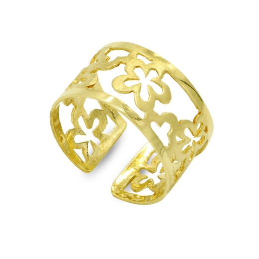 18K Sortija Oro Amarillo Abierta Flores Caladas. Ancho: 10 Mm