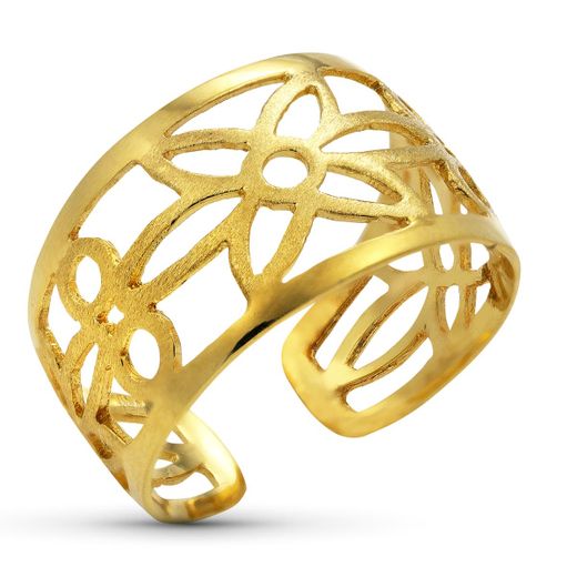 18K Sortija Oro Amarillo Abierta Flores Caladas. Ancho: 11,5Mm