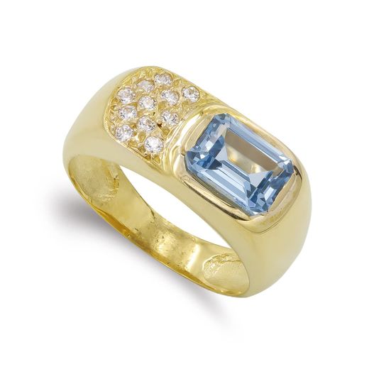 18K Sortija Oro Amarillo Aguamarina Y Circonita 8X6 Mm