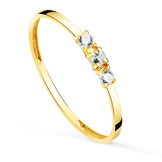 18K Sortija Oro Amarillo Aguamarina Y Circonita Ancho Cuerpo 1.2 Mm