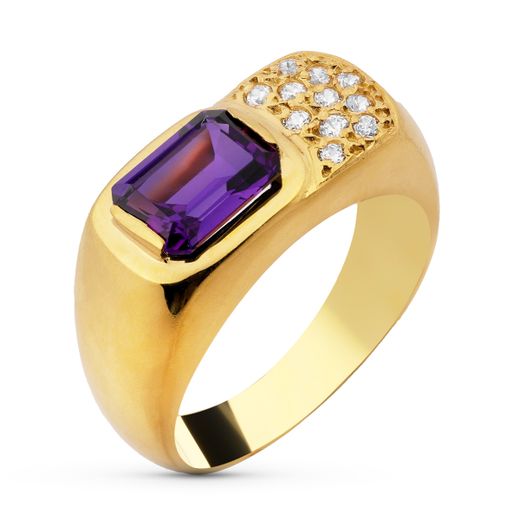 18K Sortija Oro Amarillo Amatista Y Circonita 8X6 Mm