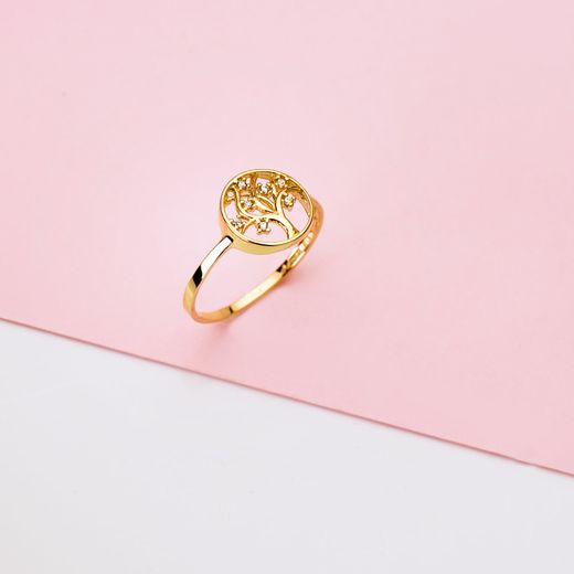18K Sortija Oro Amarillo Arbol De La Vida Circonita 10 Mm Ancho Cuerpo 1.2 Mm