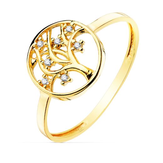 18K Sortija Oro Amarillo Arbol De La Vida Circonita 10 Mm Ancho Cuerpo 1.2 Mm