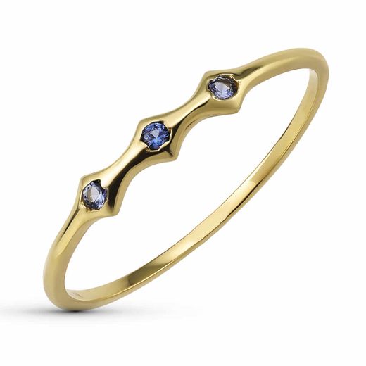 18K Sortija Oro Amarillo Bambú Con 3 Circonitas Azules. Ancho: 1,5 Mm