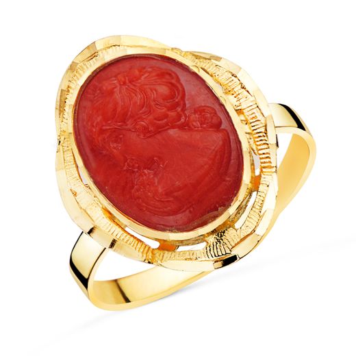 18K Sortija Oro Amarillo Camafeo Coral Oval Cerco Tallado. Medida: 19X14 Mm