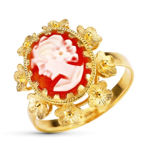18K Sortija Oro Amarillo Camafeo Oval Con Detalles. Ancho: 18,5 Mm