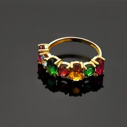 18K Sortija Oro Amarillo Carril 6 Mm Siete Garras Piedras De Colores