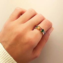 18K Sortija Oro Amarillo Carril 6 Mm Siete Garras Piedras De Colores