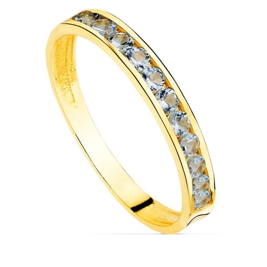 18K Sortija Oro Amarillo Circonita Aguamarina Ancho Cuerpo 2.5 Mm