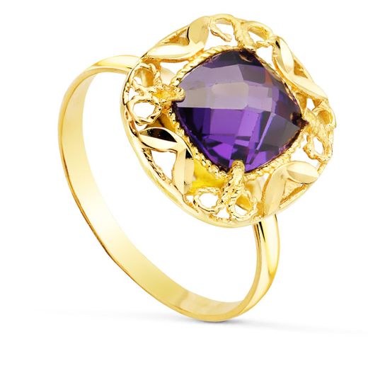 18K Sortija Oro Amarillo Circonita Amatista En Cerco Tallado. Medida: 14X14 Mm