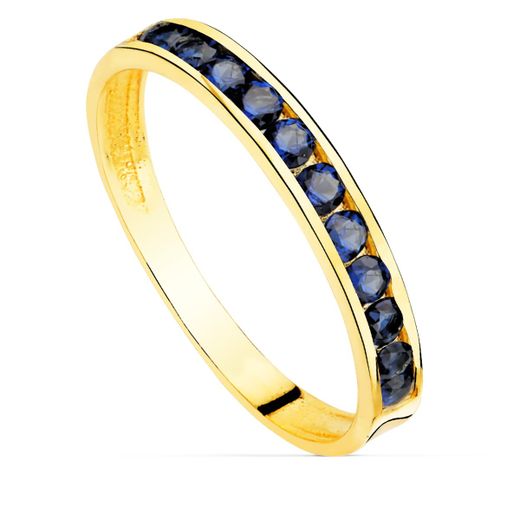18K Sortija Oro Amarillo Circonita Azules. Ancho Cuerpo 2.5 Mm