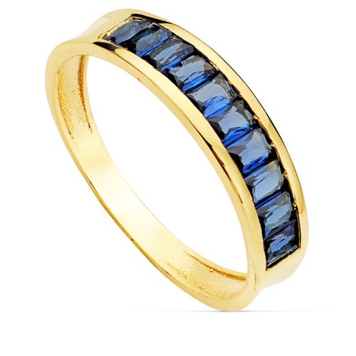 18K Sortija Oro Amarillo Circonita Azules Talla Baguette. Ancho 4.5 Mm