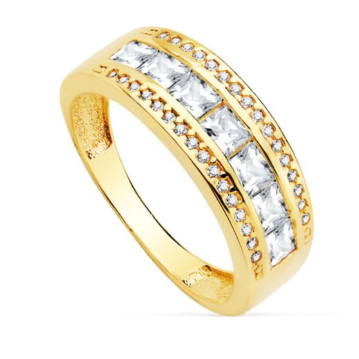 18K Sortija Oro Amarillo Circonita Carre Y Redondas. Ancho: 7 Mm