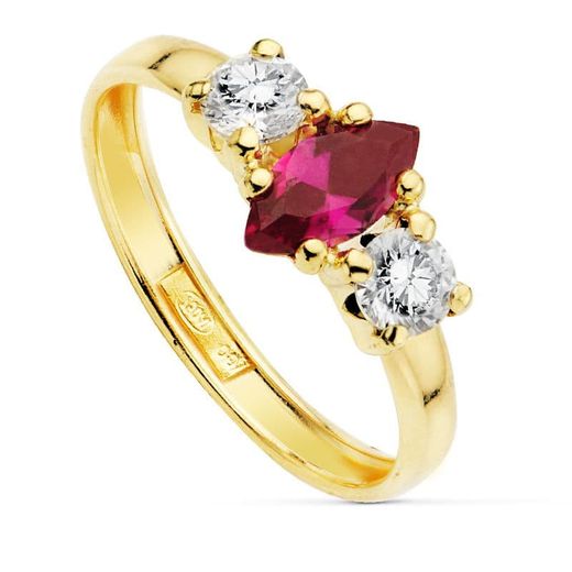 18K Sortija Oro Amarillo Circonita Marquise Roja 8X4 Mm. Ancho: 8 Mm