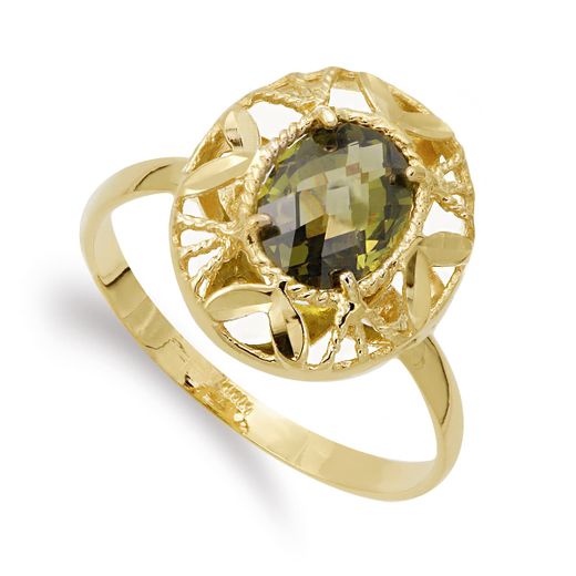 18K Sortija Oro Amarillo Circonita Oval 8X6 Mm Hojas Talladas. Ancho: 14,5 Mm