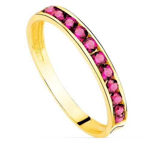 18K Sortija Oro Amarillo Circonita Rojas. Ancho Cuerpo 2.5 Mm