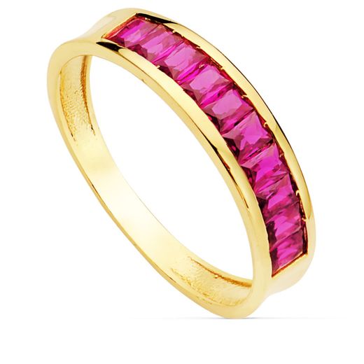 18K Sortija Oro Amarillo Circonita Rojas Talla Baguette. Ancho 4.5 Mm