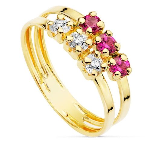 18K Sortija Oro Amarillo Circonita Rojas Y Blancas. Ancho: