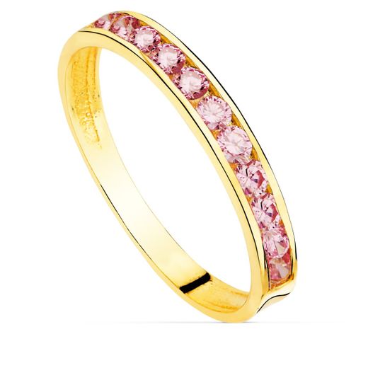 18K Sortija Oro Amarillo Circonita Rosa Francia Ancho Cuerpo 2.5 Mm