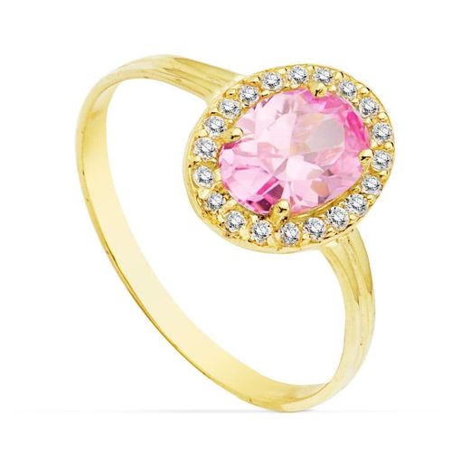 18K Sortija Oro Amarillo Circonita Rosa Oval 7X5 Mm. Ancho: 10 Mm
