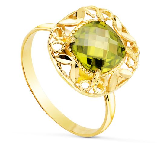 18K Sortija Oro Amarillo Circonita Verde Oliva En Cerco Tallado. Medida: 14X14 Mm