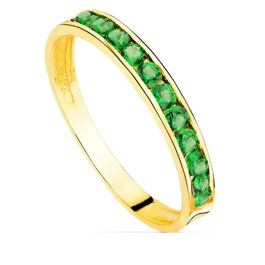 18K Sortija Oro Amarillo Circonita Verdes. Ancho Cuerpo 2.5 Mm