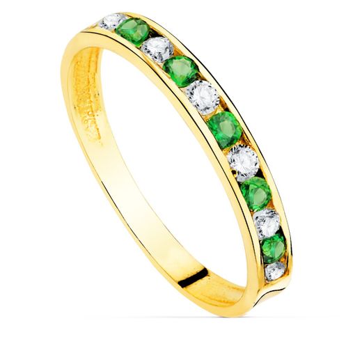 18K Sortija Oro Amarillo Circonita Verdes Y Blancas. Ancho Cuerpo 2.5 Mm