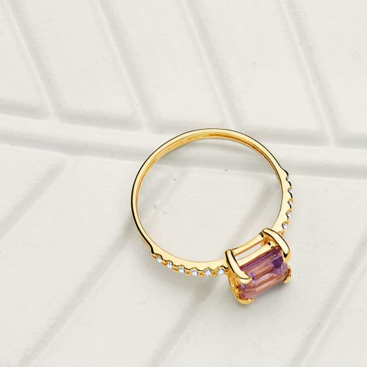 18K Sortija Oro Amarillo Circonita Y Amatista 6X6 Mm Ancho Cuerpo 1.5 Mm