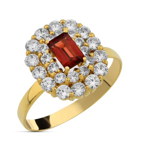 18K Sortija Oro Amarillo Circonita Y Granate 6 X 4 Mm