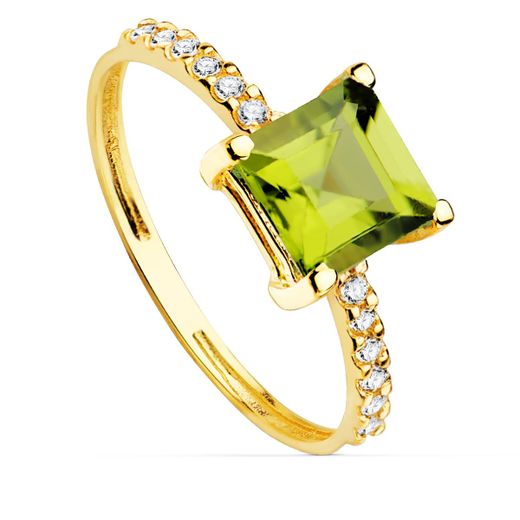 18K Sortija Oro Amarillo Circonita Y Peridoto Fino 6X6 Mm Ancho Cuerpo 1.5 Mm