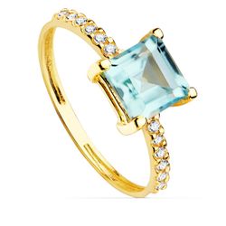18K Sortija Oro Amarillo Circonita Y Topacio Azul 6X6 Mm Ancho Cuerpo 1.5 Mm