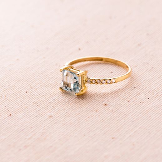 18K Sortija Oro Amarillo Circonita Y Topacio Azul 6X6 Mm Ancho Cuerpo 1.5 Mm