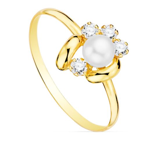 18K Sortija Oro Amarillo Comunion Flor 11X9 Mm Ancho Cuerpo 1.2 Mm Perla 5 Mm