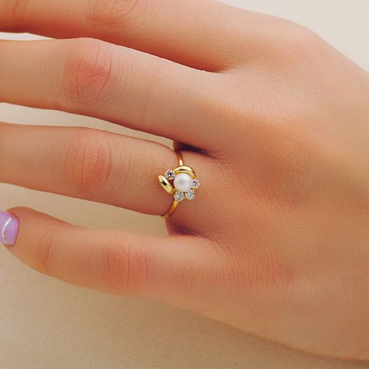 18K Sortija Oro Amarillo Comunion Flor 11X9 Mm Ancho Cuerpo 1.2 Mm Perla 5 Mm