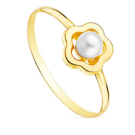 18K Sortija Oro Amarillo Comunion Flor 8X8 Mm Perla 4 Mm Ancho Cuerpo 1 Mm