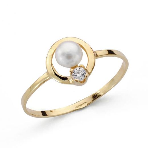 18K Sortija Oro Amarillo Comunion Perla Y Circonita