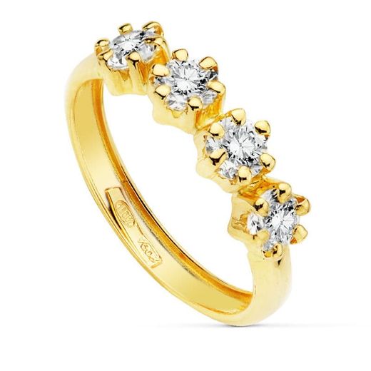 18K Sortija Oro Amarillo Con 4 Circonita De 4 Mm En Garras