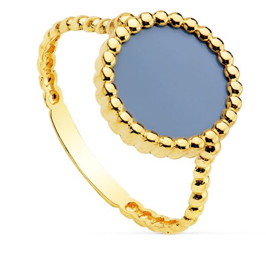 18K Sortija Oro Amarillo Con Agata 10 Mm Y Bolitas Lisas
