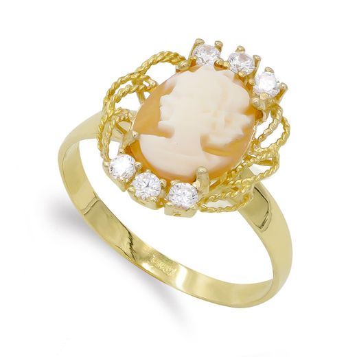18K Sortija Oro Amarillo Con Camafeo Y Circonitas. Medida: 15 X 13 Mm