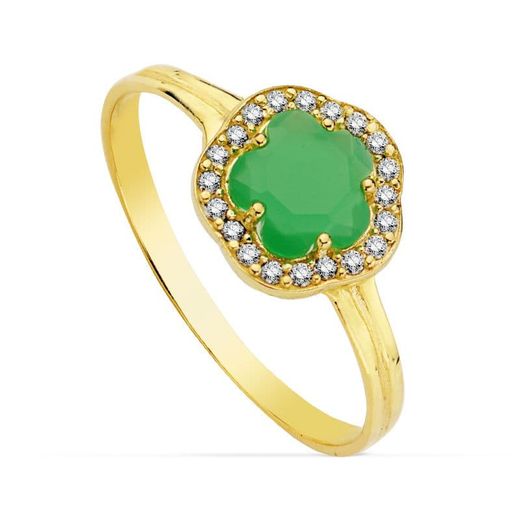 18K Sortija Oro Amarillo Con Circonita Flor Verde. Ancho: 9 X 9 Mm