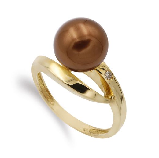 18K Sortija Oro Amarillo Con Circonita Y Perla Chocolate 10 Mm