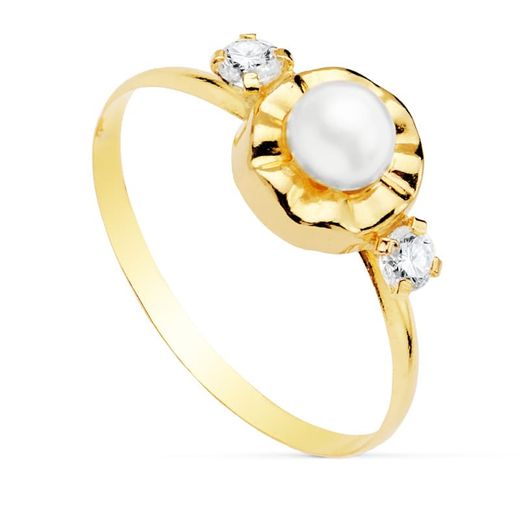 18K Sortija Oro Amarillo Con Circonitas Y Perla De 4 Mm. Ancho: 7 Mm
