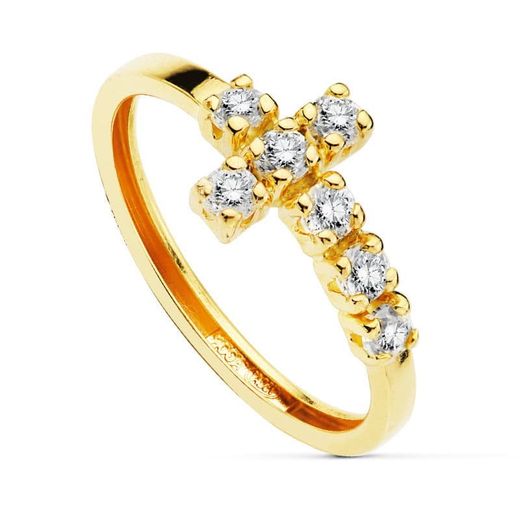 18K Sortija Oro Amarillo Con Cruz De 7 Circonitas. Ancho: 8Mm. Ancho Cuerpo: 2Mm